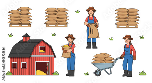A colorful vector illustration of a farmer working near a red barn with haystacks and farm tools