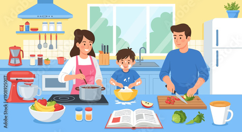 A happy family of three is cooking together in a bright, modern kitchen, enjoying a fun activity.