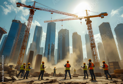 Urban construction site with cranes lifting steel beams workers in helmets coordinate via tablets skyscrapers rise in the background dust clouds and sunlight create contrast