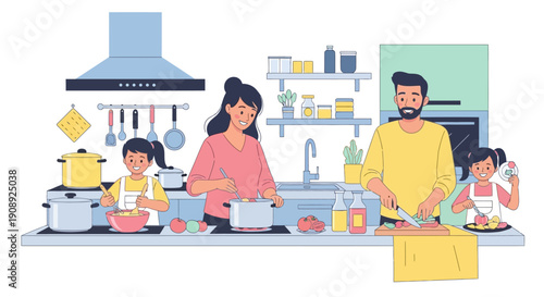 A family of four, including two young girls, happily cooking together in a modern, well-equipped kitchen.