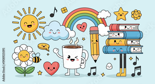 A collection of cute, kawaii-style illustrations featuring a smiling sun, rainbow, cloud, coffee cup, books, pencil, flower, and bee on a light blue background.