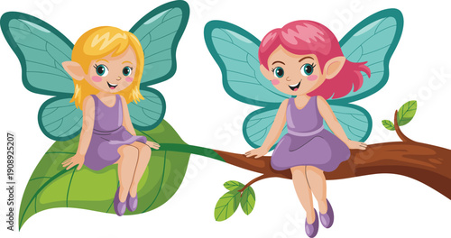 Cute fairy characters sitting on leaf and tree branch, whimsical cartoon forest fairies for kids illustration
