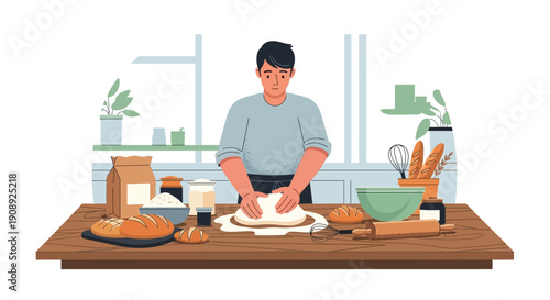 A man is kneading dough on a wooden table, surrounded by baking ingredients and tools in a bright kitchen setting.