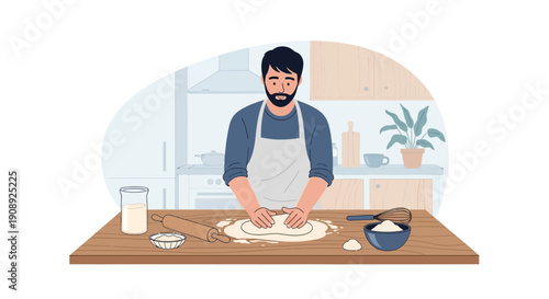 A man with a beard wearing an apron kneading dough on a wooden kitchen counter with baking ingredients and tools.