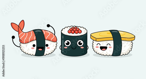 Three adorable cartoon sushi characters, including shrimp nigiri, maki roll, and tamago nigiri, with happy faces and cute expressions.