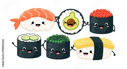 Cute cartoon sushi characters with happy faces, including nigiri and maki rolls, holding hands in a playful illustration.