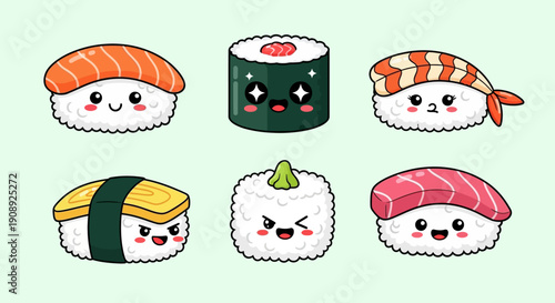 A collection of six adorable and happy kawaii-style sushi characters, including nigiri and maki rolls, on a light green background.