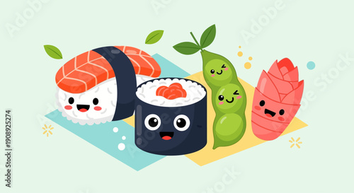 Cute cartoon sushi, edamame, and ginger with happy faces on a light green background, vector illustration.