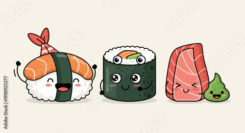 Cute cartoon illustration of various sushi characters including shrimp nigiri, maki roll, salmon sashimi, and wasabi, all with happy faces.