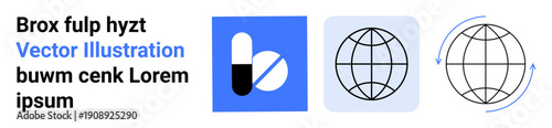 Healthcare, global connectivity, circular economy, medication, worldwide communication, process visualization. Minimalistic icons of pills and a globe with circular arrows. Healthcare and global