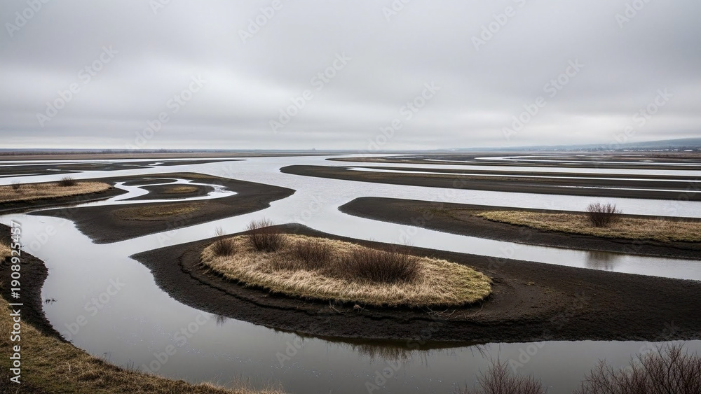 custom made wallpaper toronto digitalBraided river delta with winding channels and small islands under an overcast sky. A tranquil natural landscape showcasing unique wetland beauty
