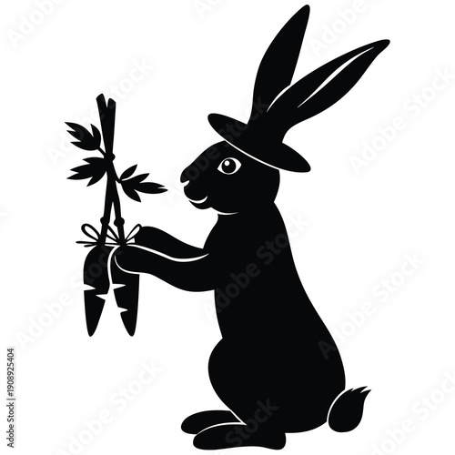 Black silhouette of a rabbit holding a carrot