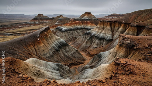 Wallpaper Mural Vibrant geological formations in a dramatic desert landscape, showcasing intricate layers of eroded colorful sandstone under an overcast sky, creating a breathtaking natural wonder Torontodigital.ca