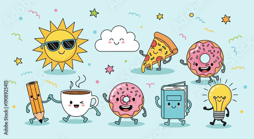 A cheerful cartoon illustration featuring various animated objects like a sun, cloud, pizza, donuts, pencil, coffee cup, book, and lightbulb on a light blue background.