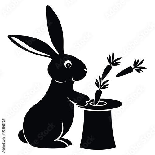 Black silhouette of a rabbit magician pulling a bouquet of flowers out of a hat