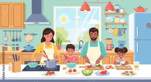 A diverse family of four happily cooking together in a bright, modern kitchen, preparing a healthy meal with fresh ingredients.