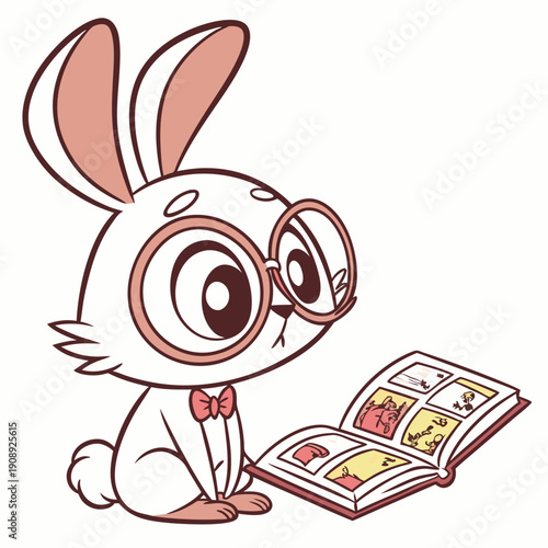 Cute cartoon rabbit reading a colorful book