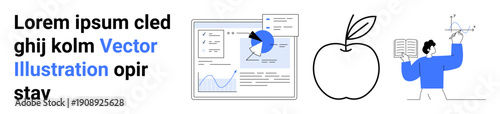 Data visualization, education, health awareness, productivity, research, business. A chart, an apple and a person with a book and scientific diagram. Data visualization and education