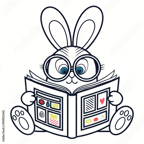 Cute cartoon rabbit wearing glasses reading a colorful book