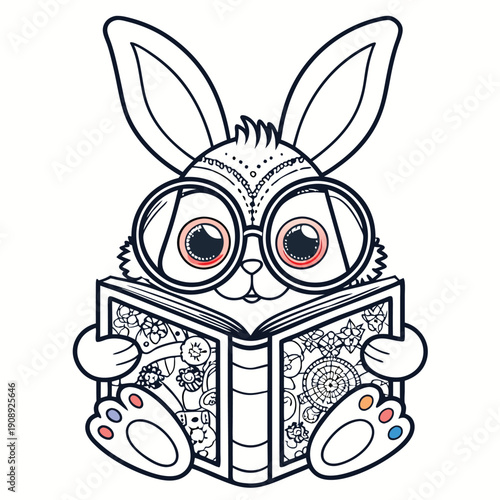 Colorful cartoon rabbit with glasses reading a book