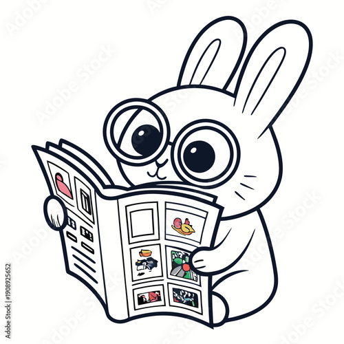 A cute cartoon rabbit reading a newspaper with big eyes and glasses