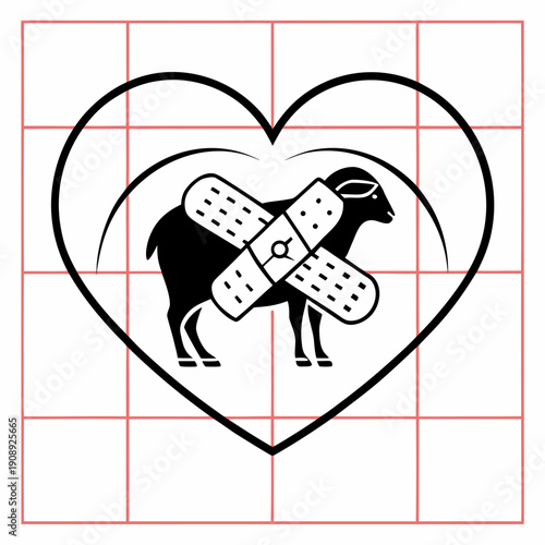A black and white image of a goat with a band aid on its side in a heart Vector