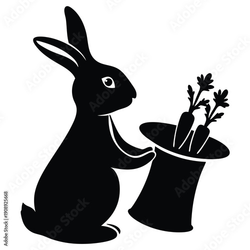 Black silhouette of a rabbit pulling a bouquet of flowers out of a hat
