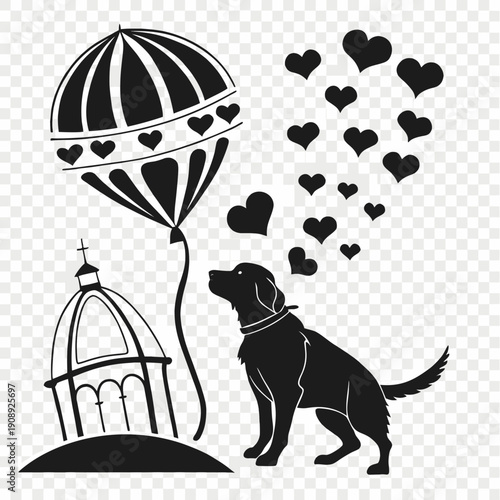 A dog looks up at a heart shaped hot air ballon Vector