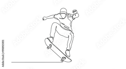 Skate trick, skateboarder in action mid air, dynamic pose, line art.