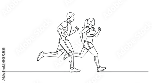 Man and woman running side by side, couple's fitness, active lifestyle, line art.