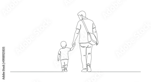 Father holding child's hand, walking together, family bond, continuous line art.