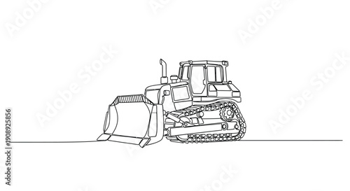 Heavy bulldozer, construction machinery, simple line drawing, isolated on white background