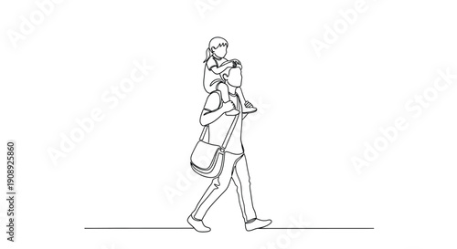 Father carrying daughter on shoulders, happy family, walking, single line art illustration