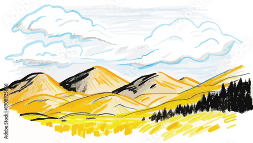 Vibrant crayon drawing captures a beautiful landscape featuring rolling yellow hills under dramatic white and blue-outlined clouds in the open sky