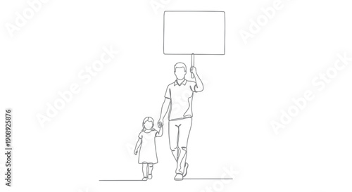 Father and daughter holding sign, walking, protest, illustration, blank copy space