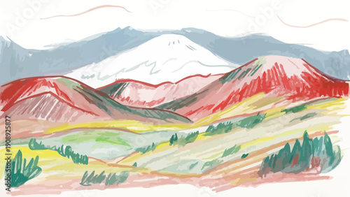 Vibrant expressionist landscape drawing captures dramatic snow-capped mountain peaks rising above colorful rolling hills and foreground vegetation