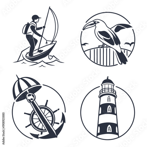 Nautical icons including surfer seagull anchor lighthouse Vector