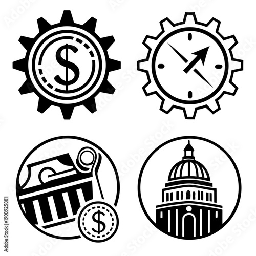 Financial and governmental icons with gear clock bank and capitol building Vector