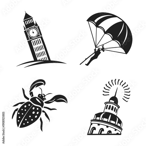 Black and white illustration of landmarks and a beetle and a parachuter Vector