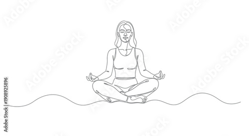 Woman meditating, yoga, serene, mindful, single continuous line drawing