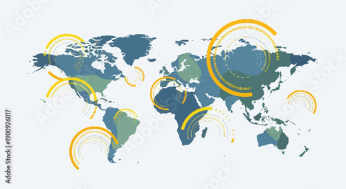 World map with yellow circular graphics