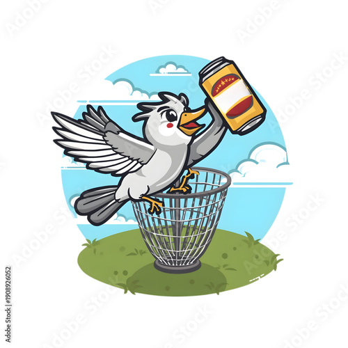Cute illustration of a bird in a sports park with wings and beak, vector.