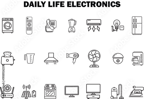 Daily Life Electronics Vector Icon Set – 20 Modern Household Appliance Symbols for Kitchen, Home, Office, and Smart Living