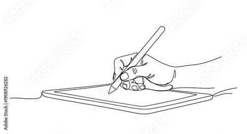 Hand Using Stylus on Tablet, Digital Art Line Drawing
