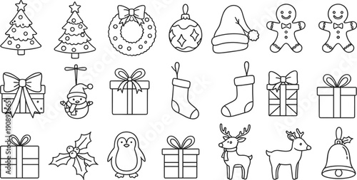 Christmas line icons set featuring tree, wreath, Santa hat, gingerbread man, gifts, stocking, penguin, reindeer, holly, and holiday decorations