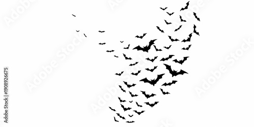 A flock of bats silhouetted against a stark white background