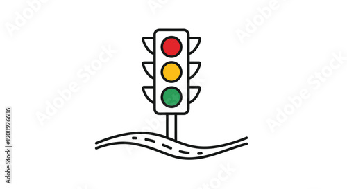 Color line art of a traffic light on a road, simple icon