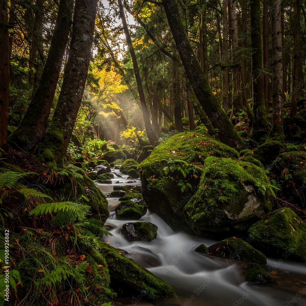 Fototapeta premium Lush forest scene with stream, mossy rocks, and sunlight