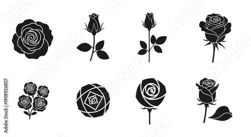 A collection of black silhouette roses in various stages of bloom displayed in a simple minimalist arrangement high quality