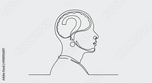Profile of a head with a question mark in the brain, line art